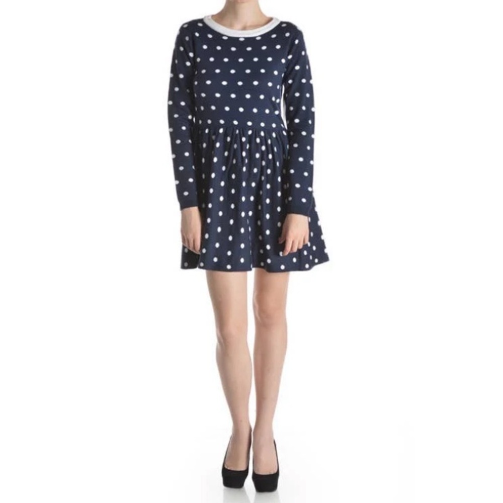 MAK Navy and White Polka Dot Baby Doll Sweater Dress Size M
